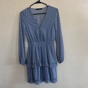 Smocked Waist Blue Floral Long-Sleeve Tiered Dress